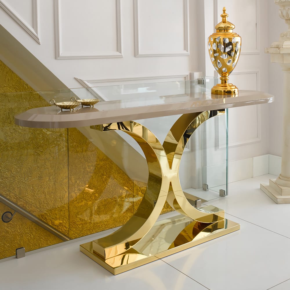 ex display console table with 24 carat gold plated base and mocha lacquer oval top