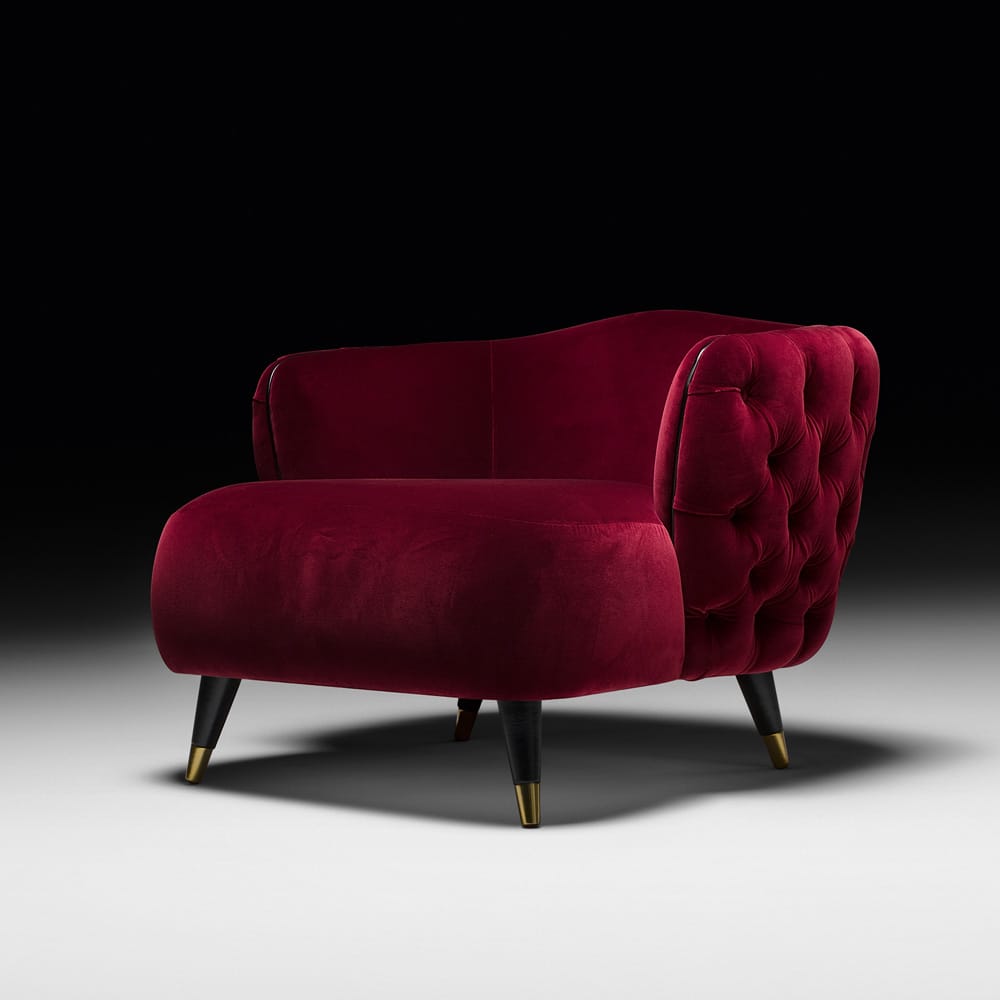 Statement furniture, deep red velvet, button upholstered tub chair