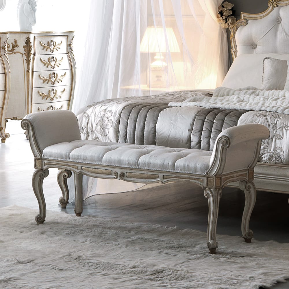 Florence Collection, ornate bench with armrests, scroll legs, white satin damask upholstery