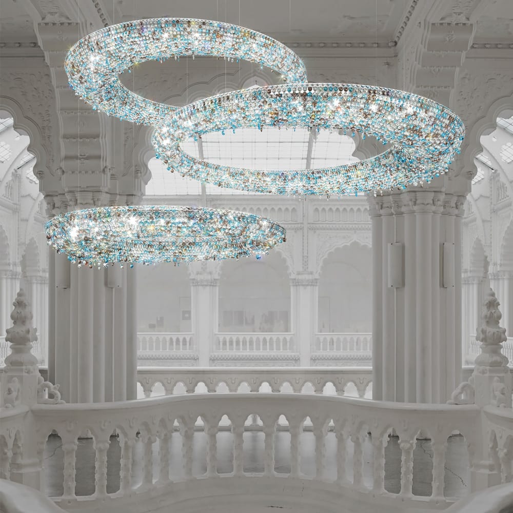 statement furniture, set of 3 large, contemporary, oval, crystal chandeliers, clear and aqua crystals