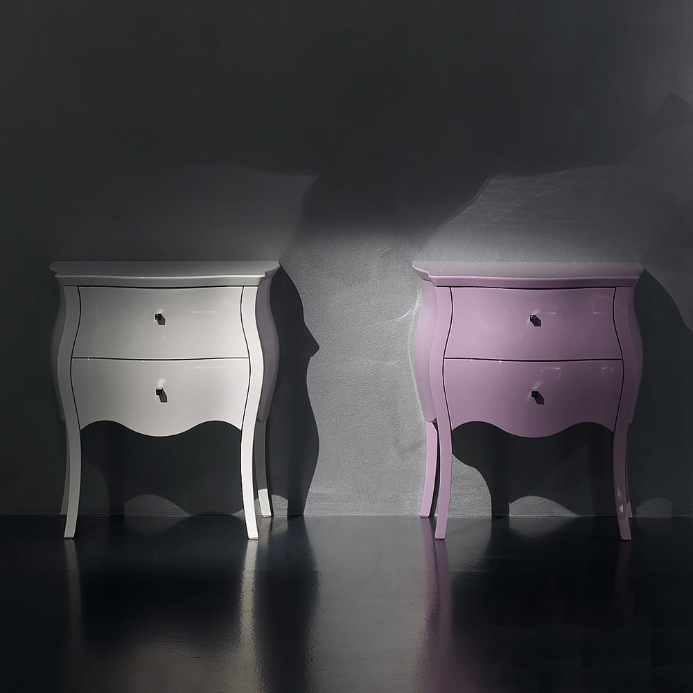 Italian curved bedside cabinets white and lilac lacquer bespoke options