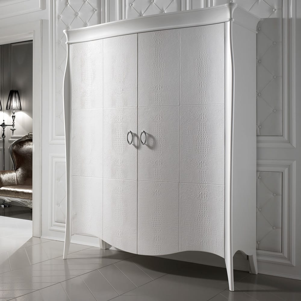 Impress the guests, white, 2 door wardrobe with curved doors, alligator embossed leather