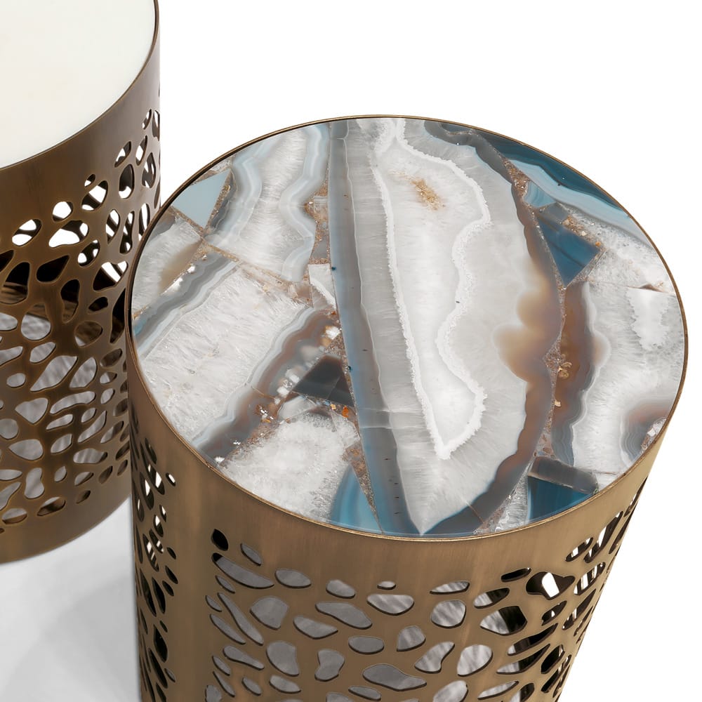 modern laser cut brass side table with patterned marble top