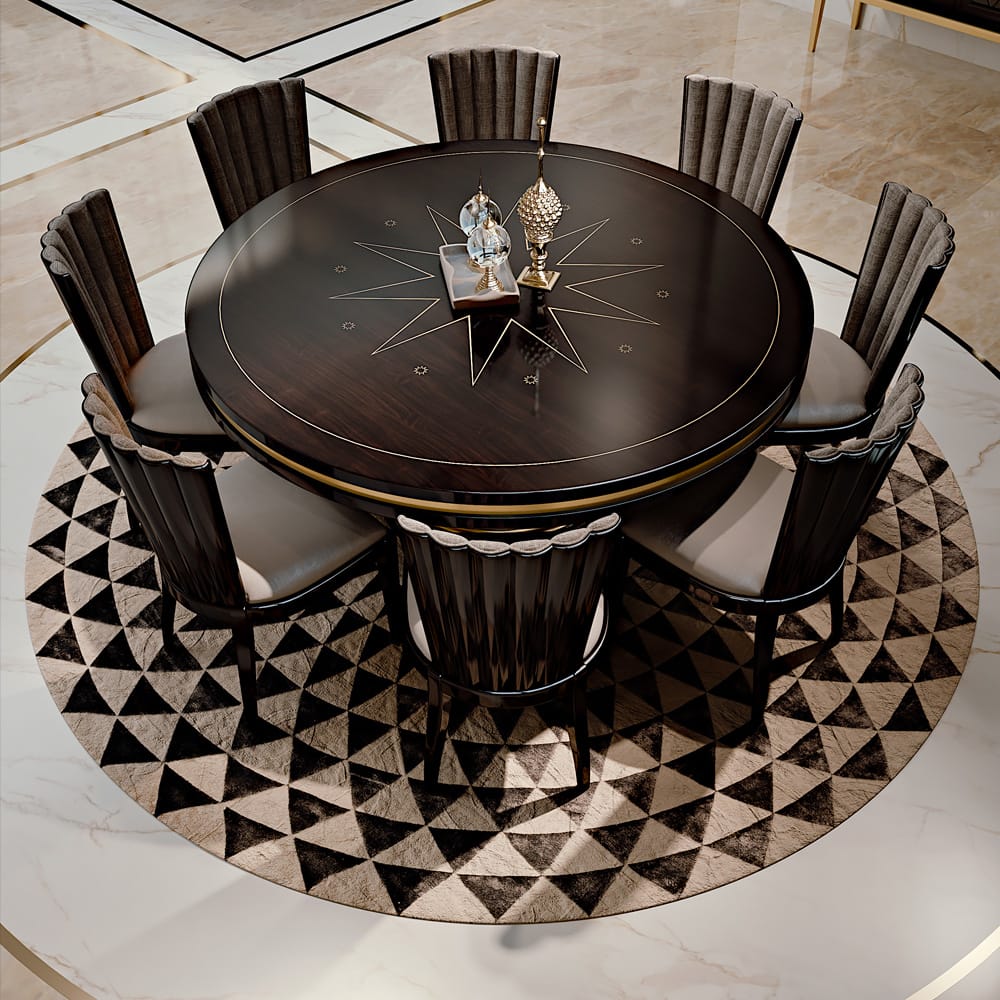 circular ebony dining table with inlaid central star feature, plus 8 chairs, order now for Christmas