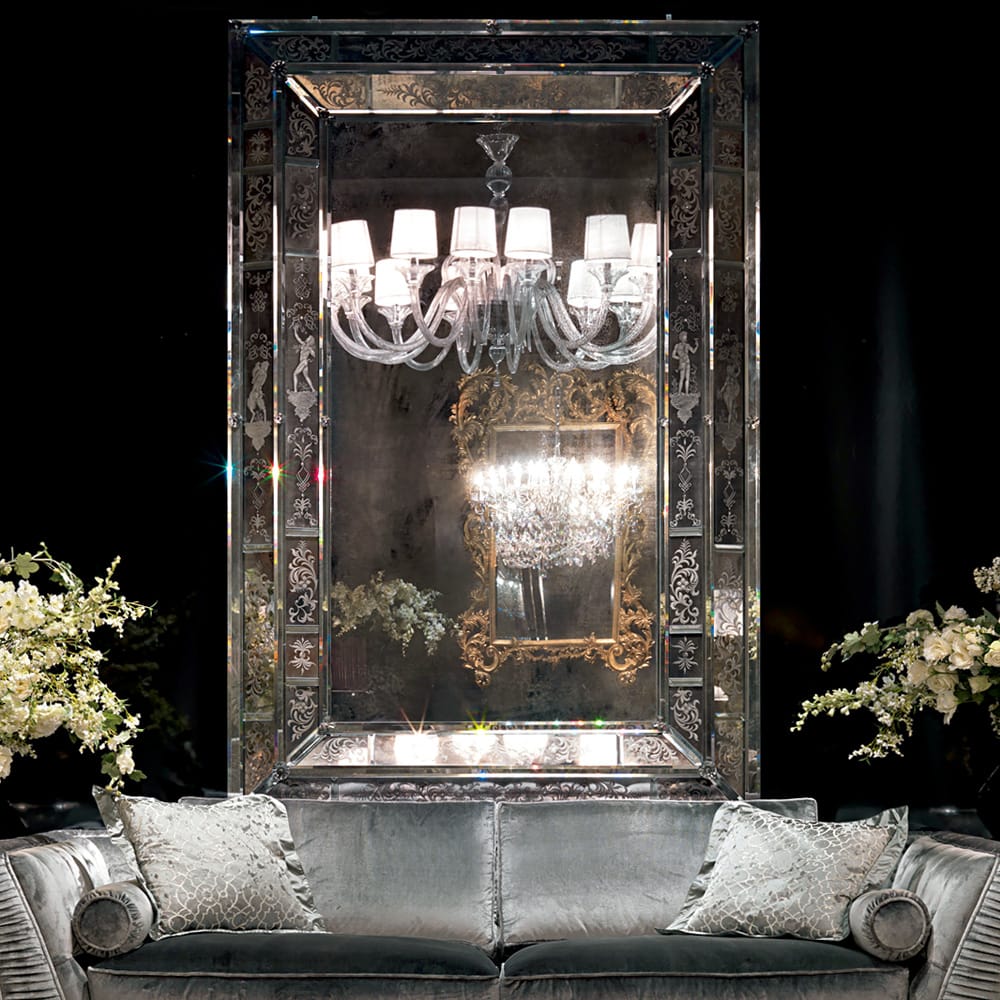 statement furniture, very large, antique style Venetian mirror with etched glass surround