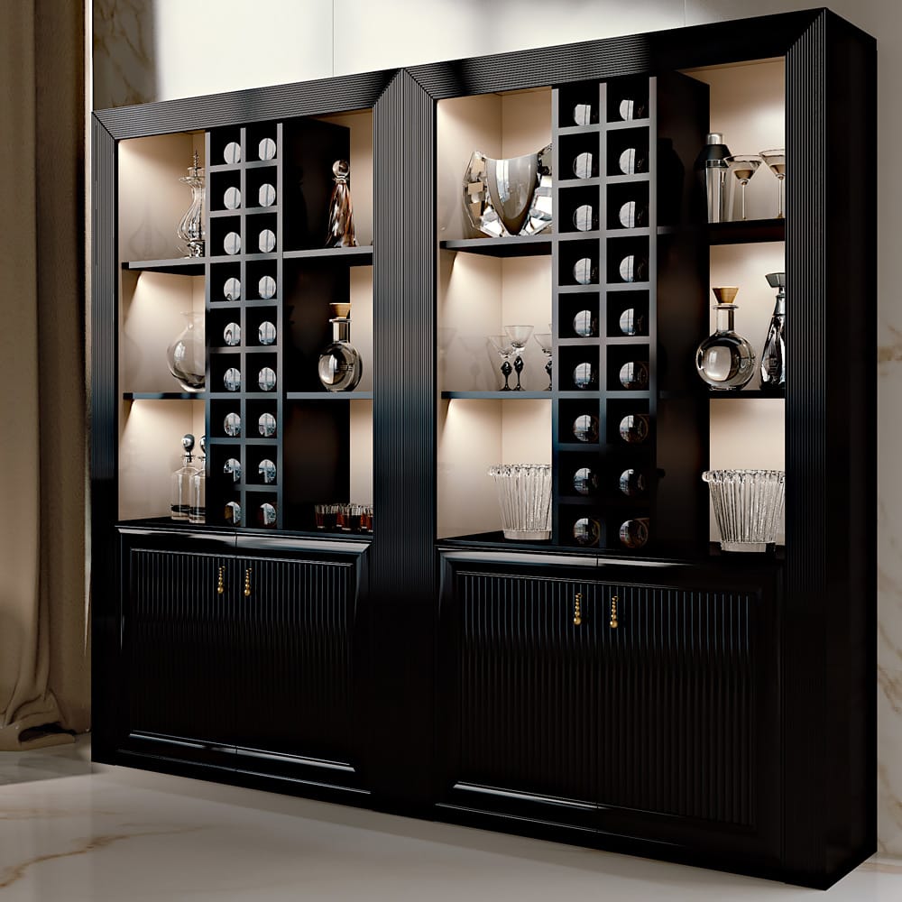 make a statement with furniture, large wine cabinet with bottle storage, shelves, cupboards, dark wood