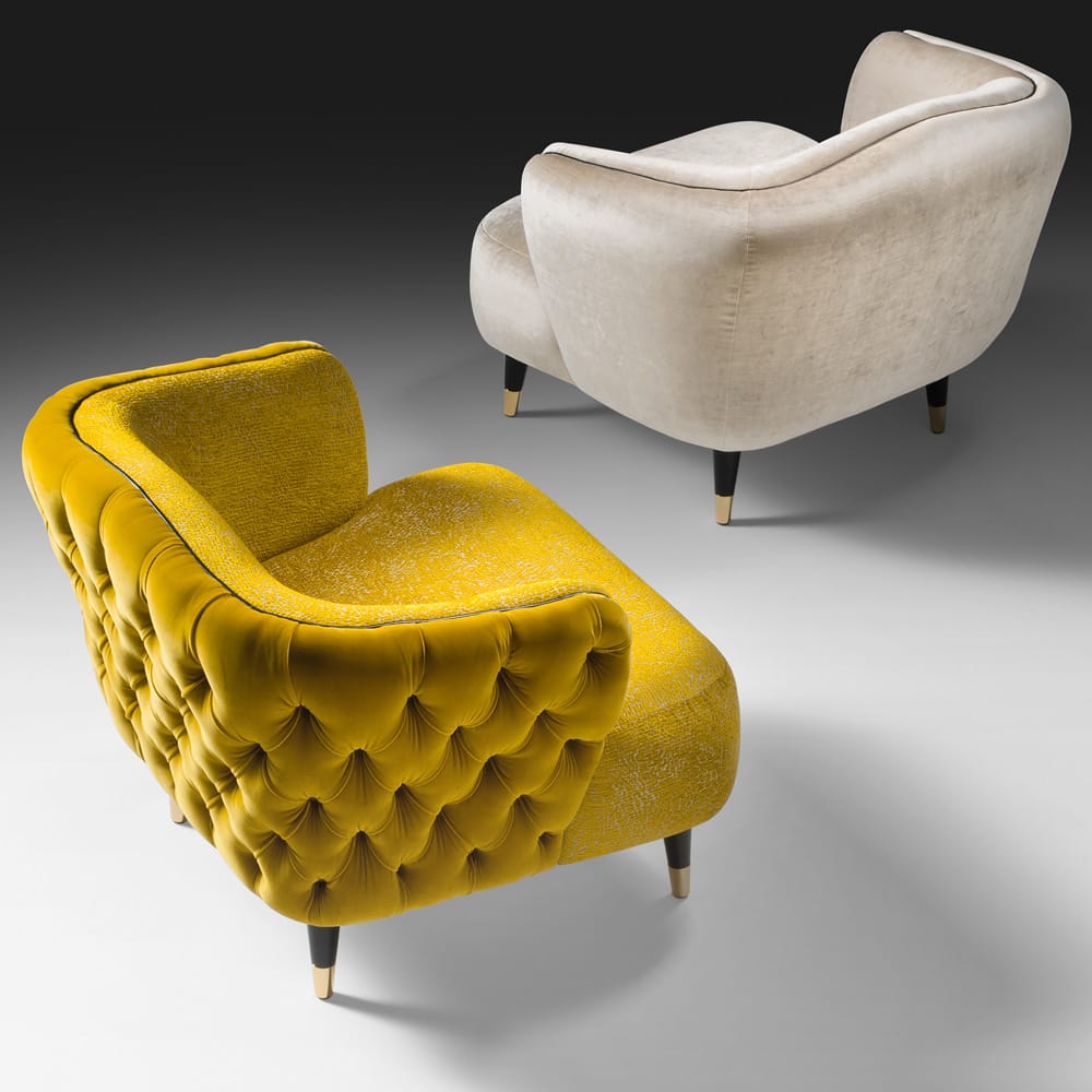 statement furniture, two velvet tub chairs, yellow and ivory