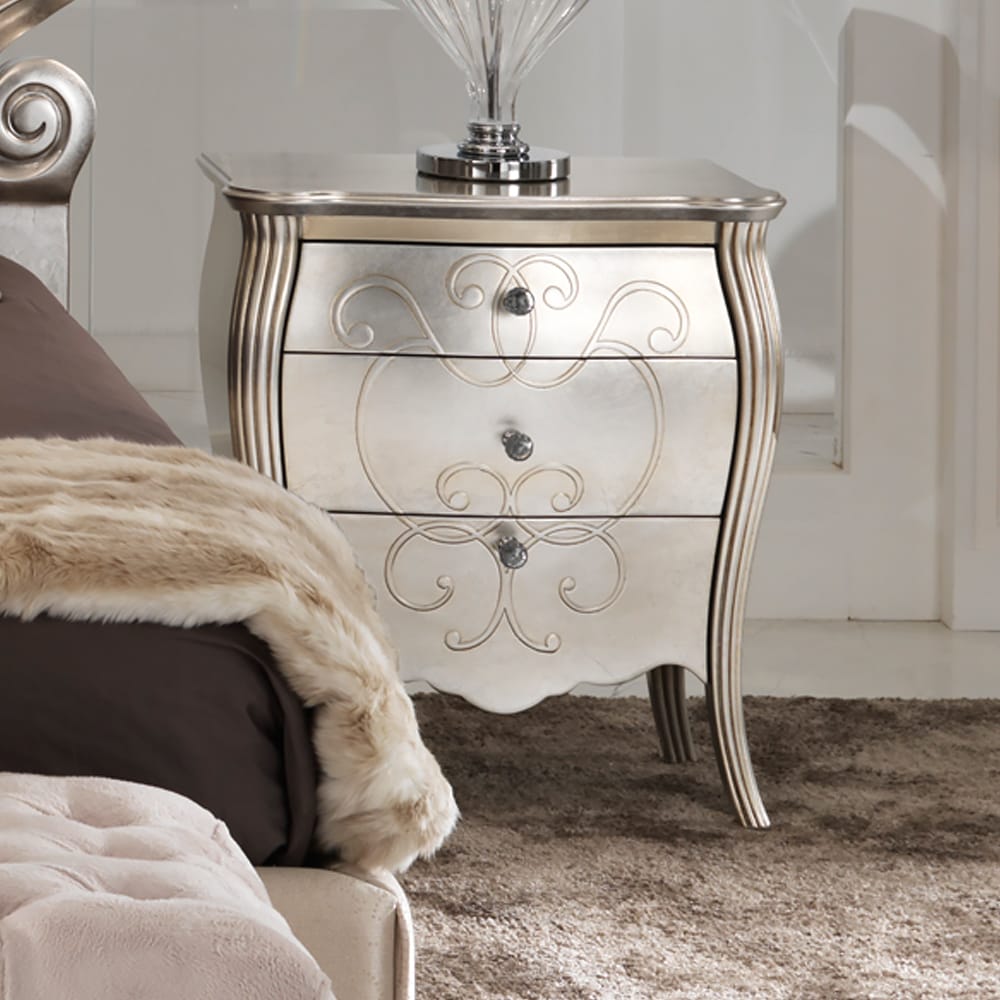 Italian luxury bedside cabinet with champagne leaf finish