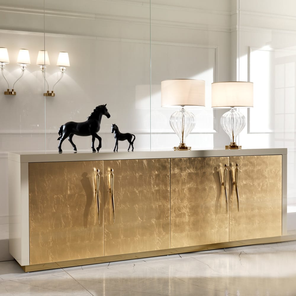 large sideboard, ivory gloss lacquer outer, gold leaf doors with gold handles