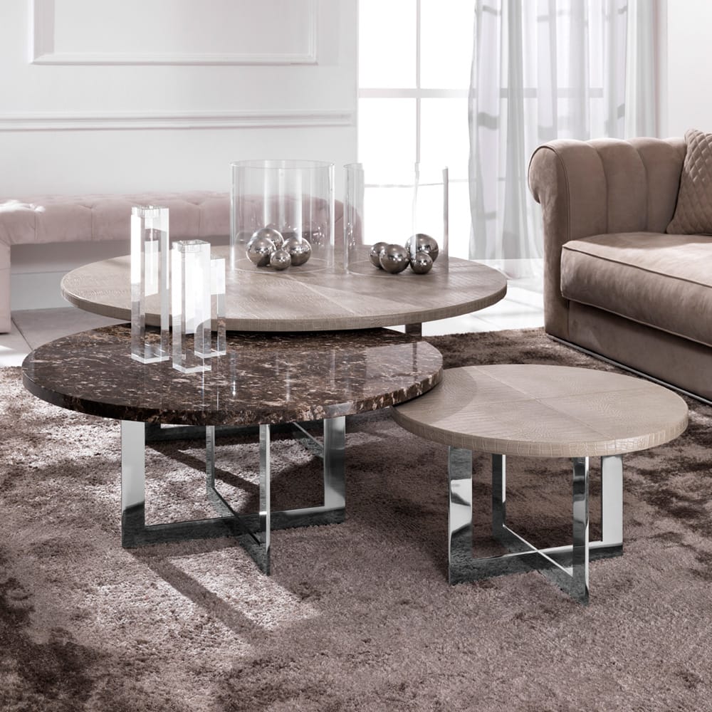 Statement furniture, set of 3 coffee tables, one with marble top, two with embossed leather top