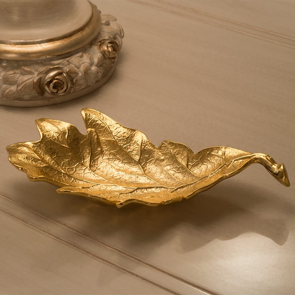 Unique Gold Enamel Red Oak Leaf Design Nut Dish