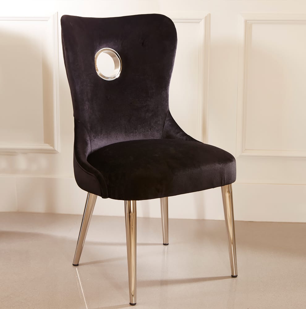 ex display black velvet art deco style dining chair with cutout circle