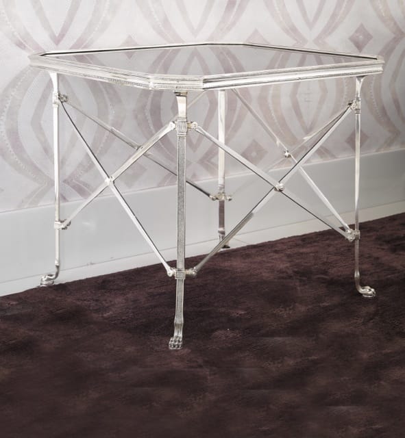 ex display, silver plated table, crossed leg design, black glass top