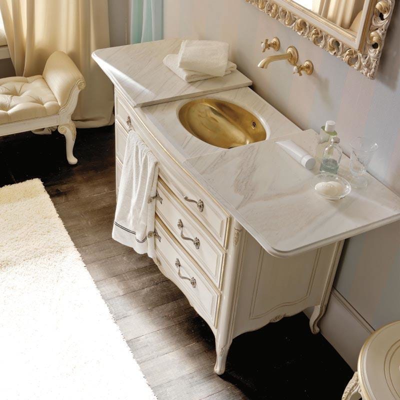 Italian bathroom vanity unit, 3 drawers, concealed gold basin with sliding marble top