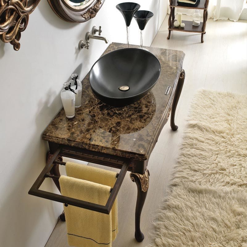 statement furniture, marble top vanity table with matt black basin, gold taps