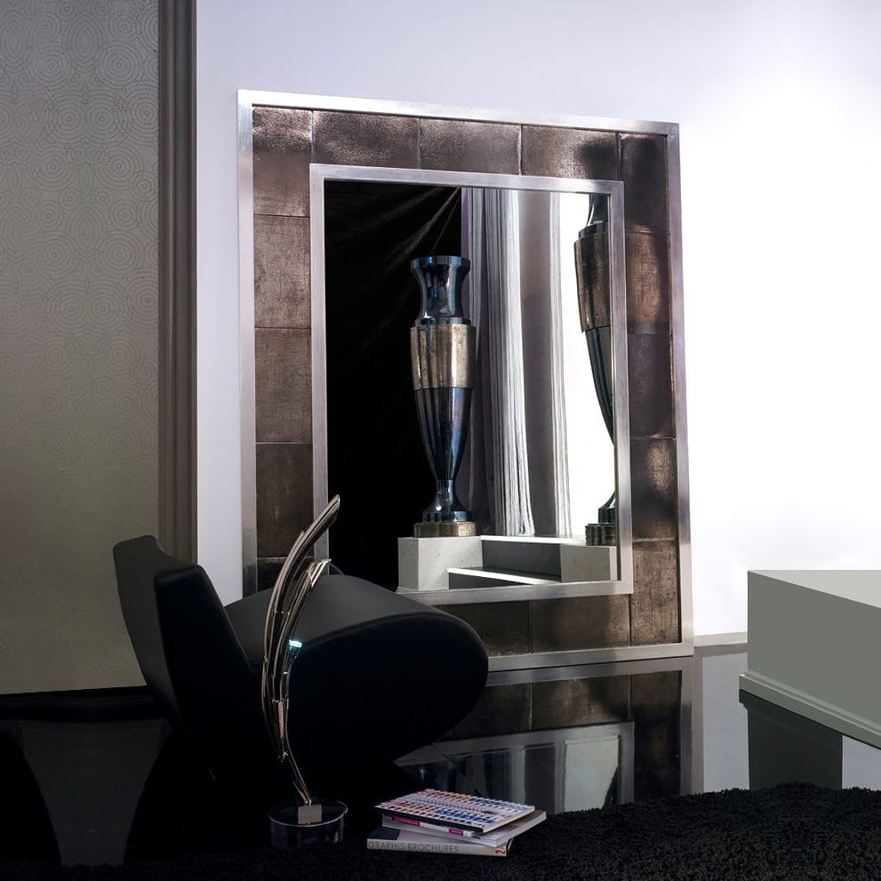 statement furniture, large modern floor mirror, platinum and silver leaf surround