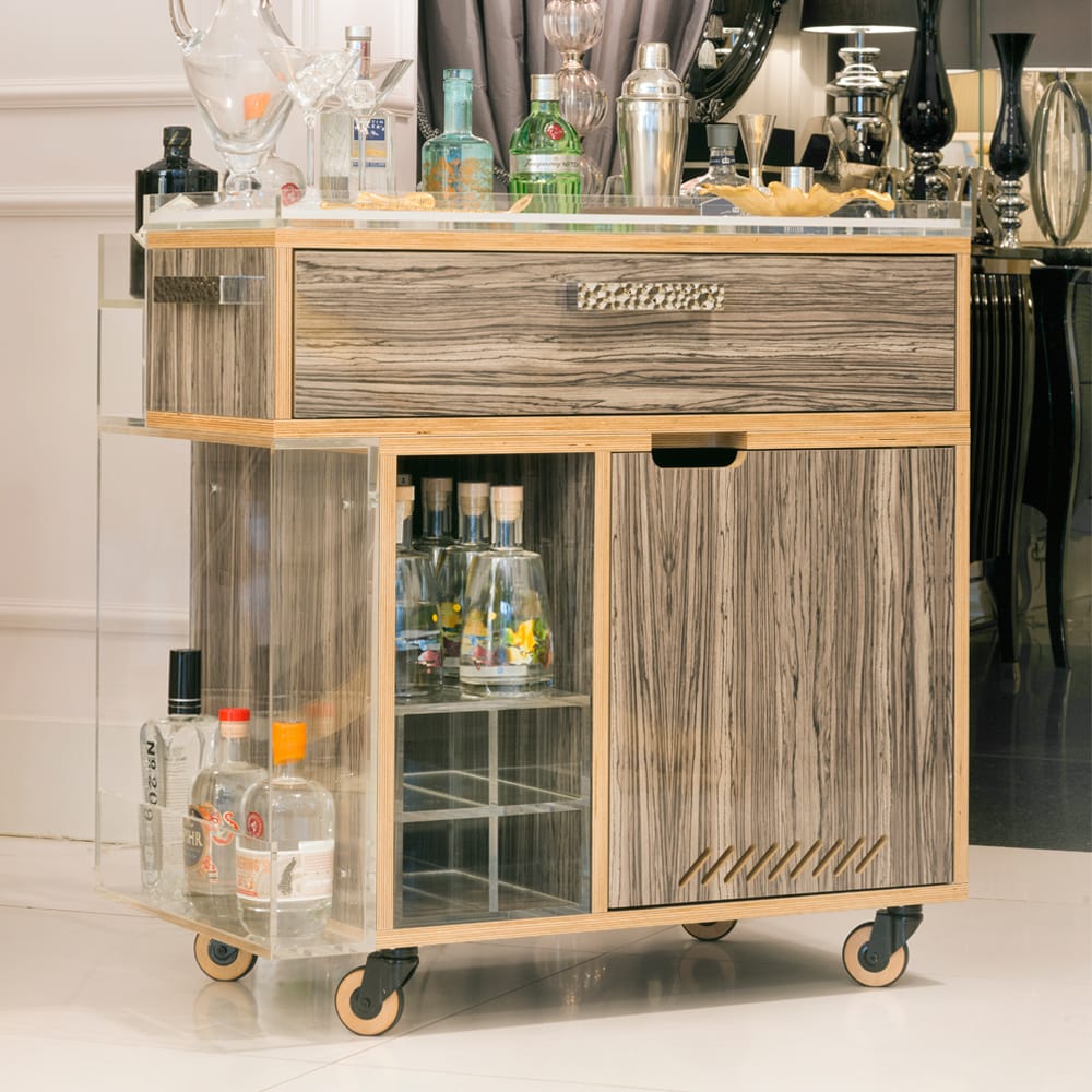 gin trolley on wheels, high gloss wood veneer finish