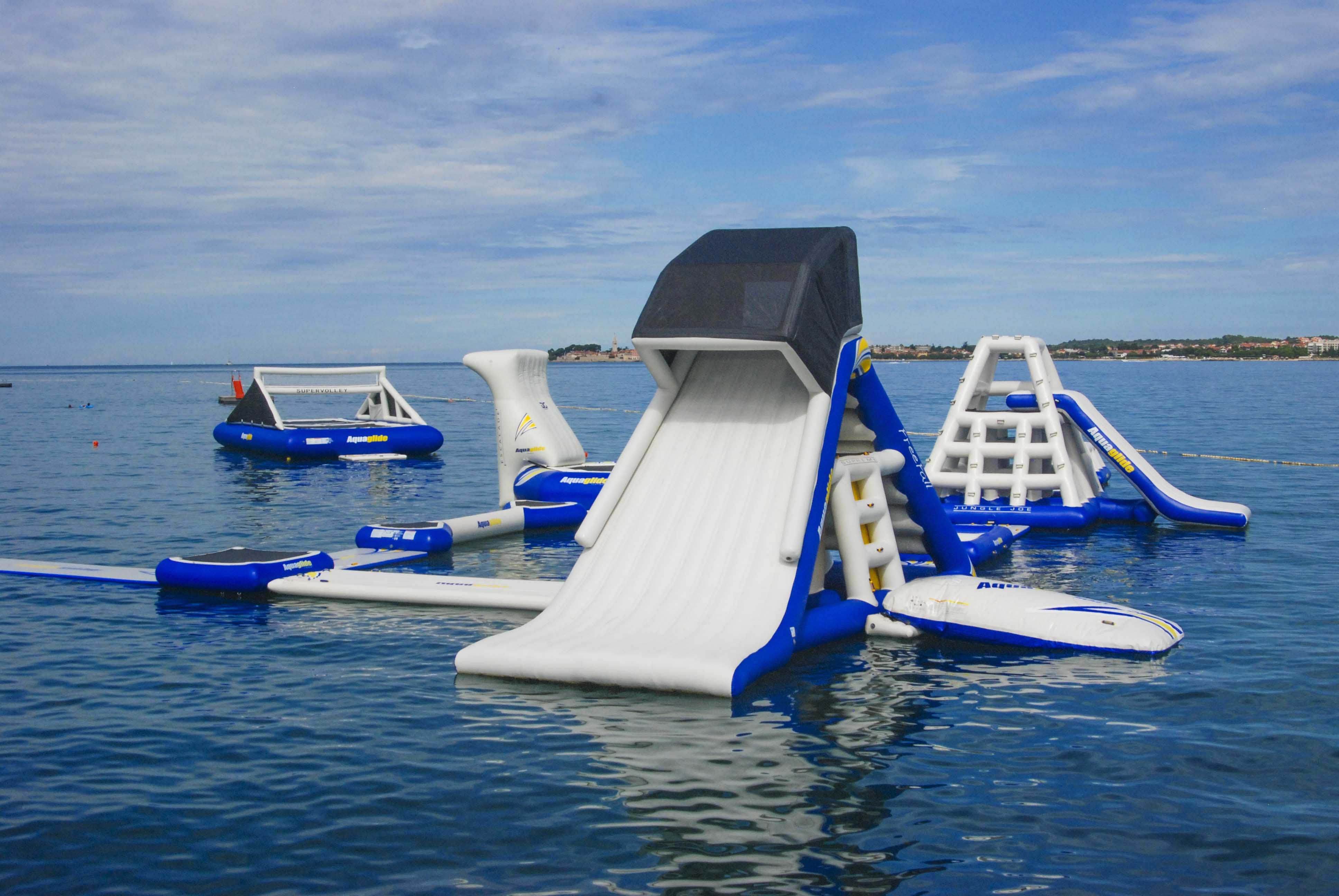 Yacht toys, aquapark including slide, obstacles and volleyball