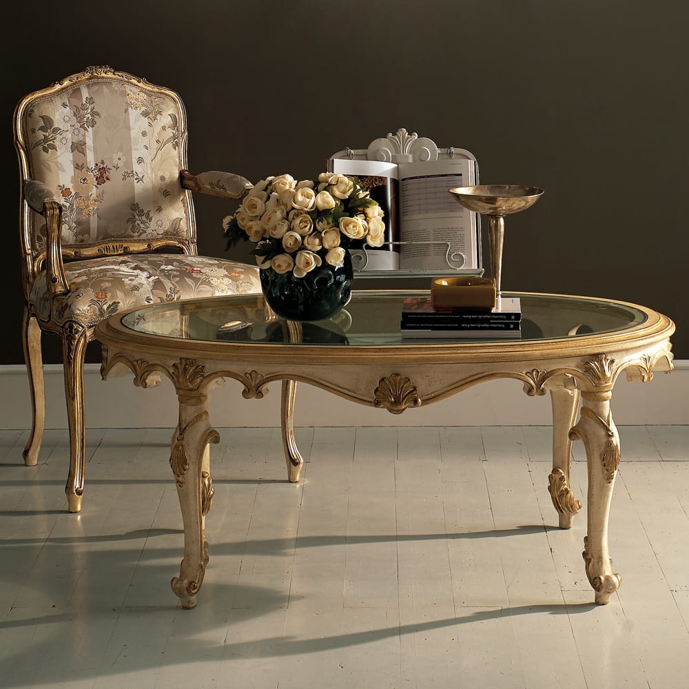 Florence Collection, oval glass coffee table, ornate, ivory and gold