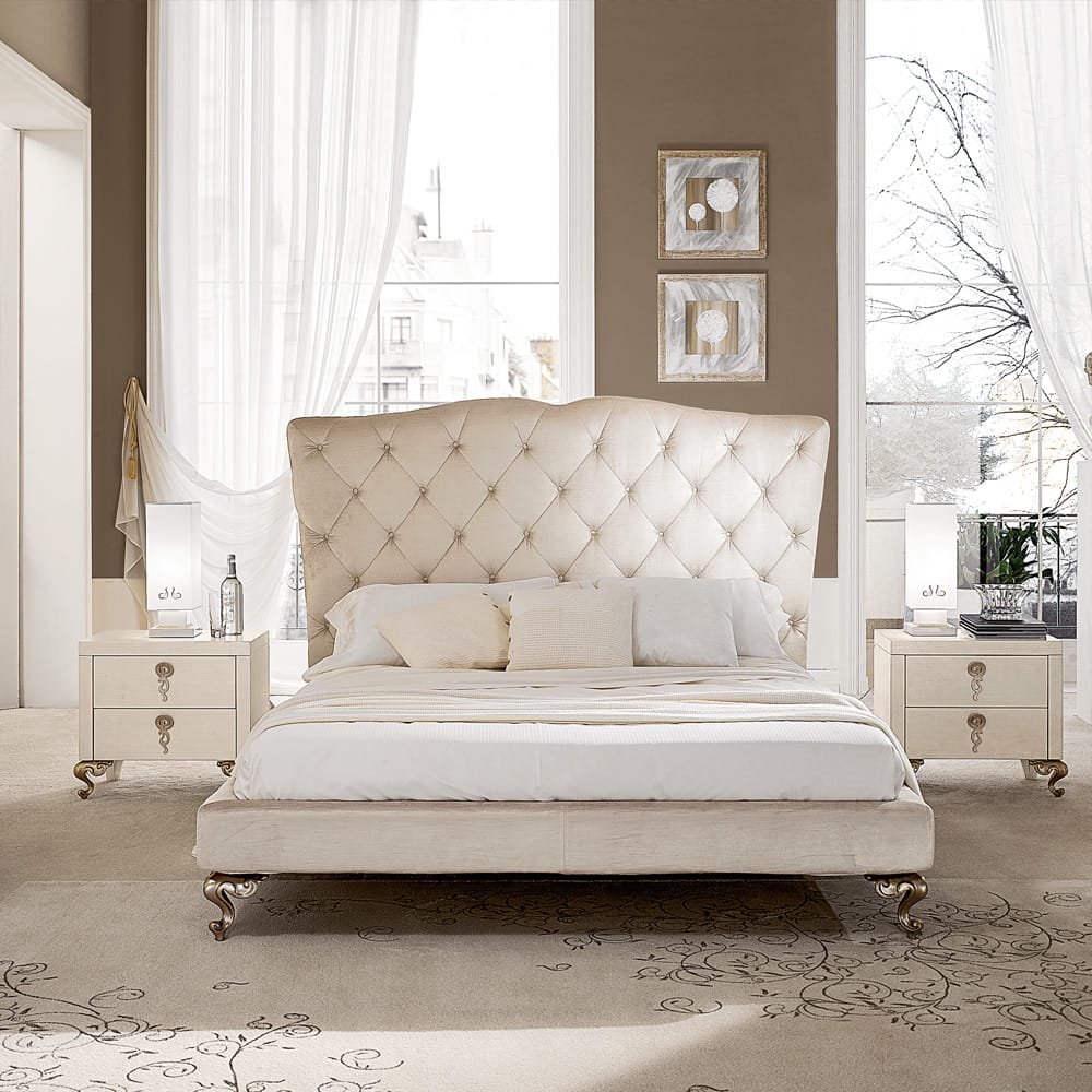 classic stye bed, tall ivory upholstered headboard, button upholstered