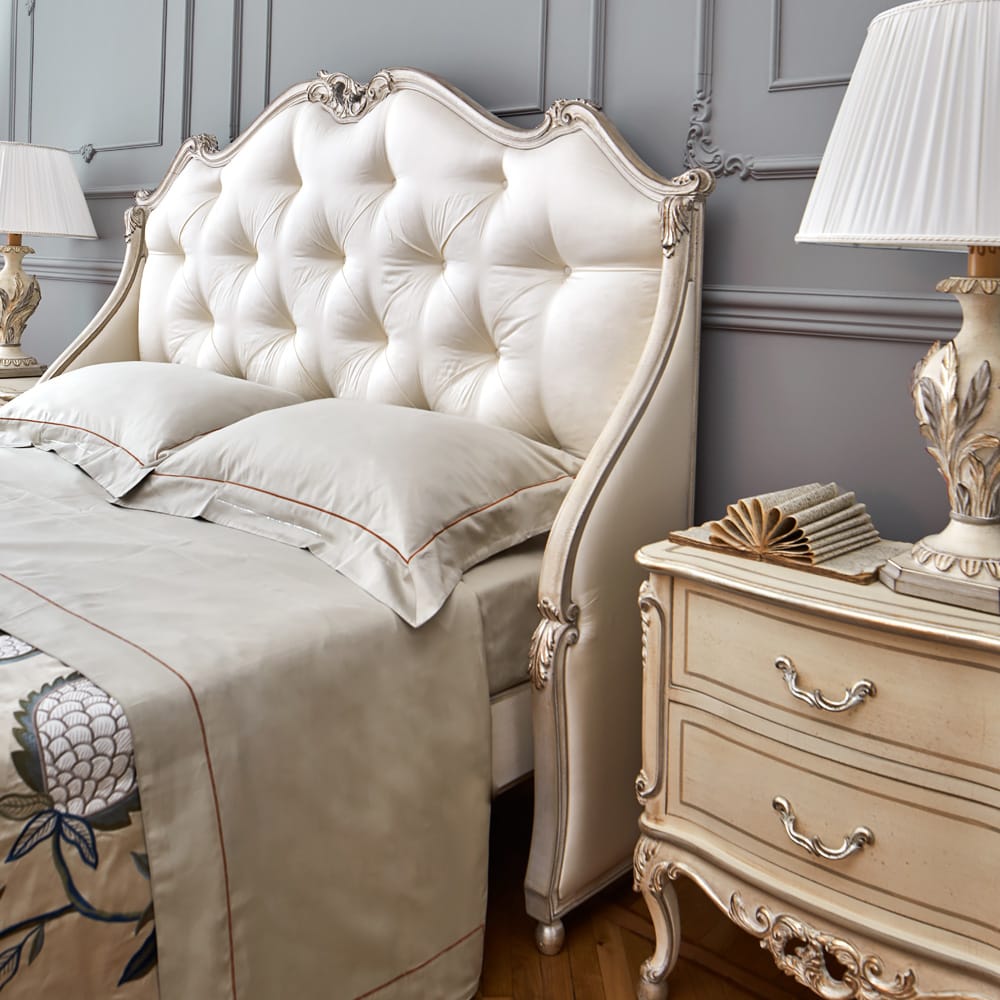 Florence Collection, winged bed, silk upholstered headboard in ivory with scrolls