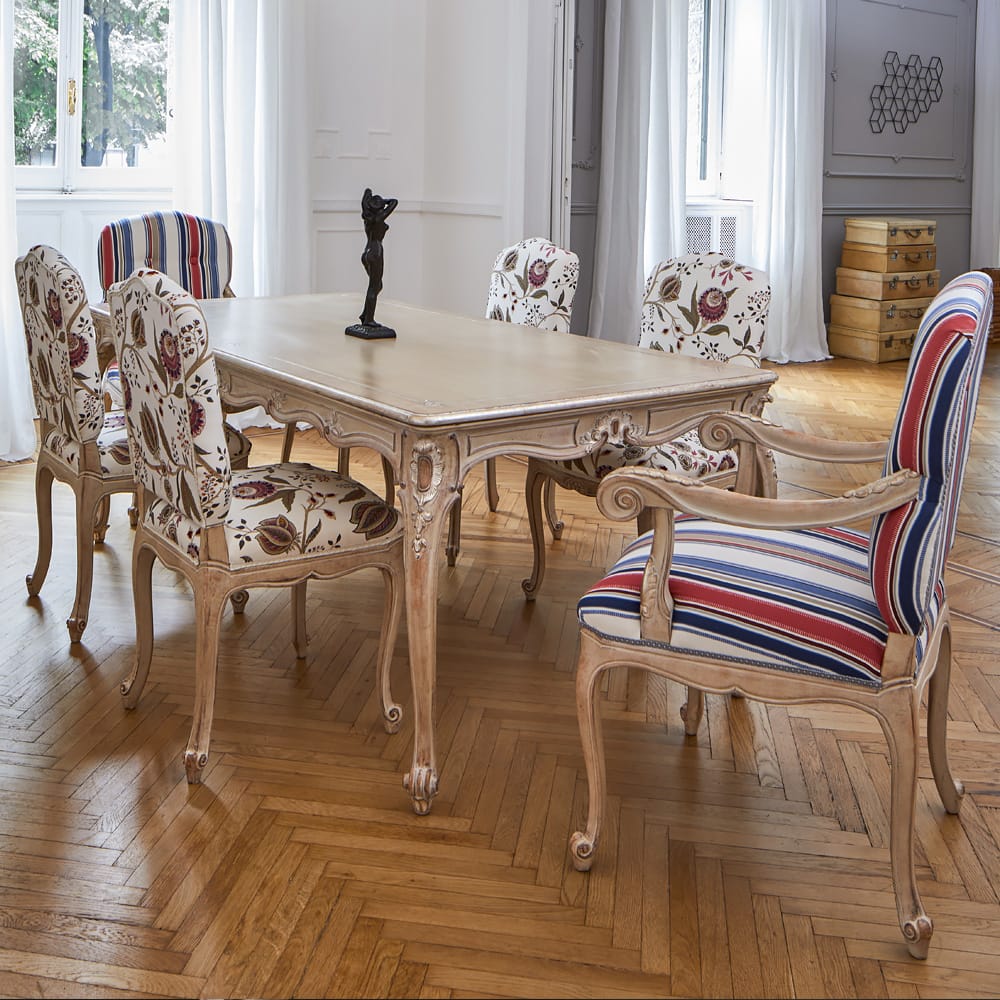 Classic Italian designer dining table six chairs floral and striped fabric bespoke options