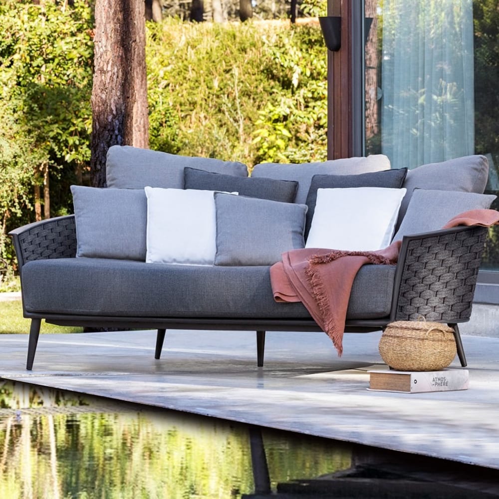 outdoor furniture, contemporary daybed, grey woven rope outer, grey and lilac cushions