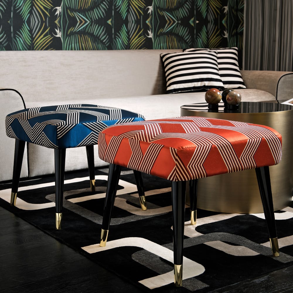 Contemporary Designer patterned silk fabric Footstool, in piece about furnishing fabrics