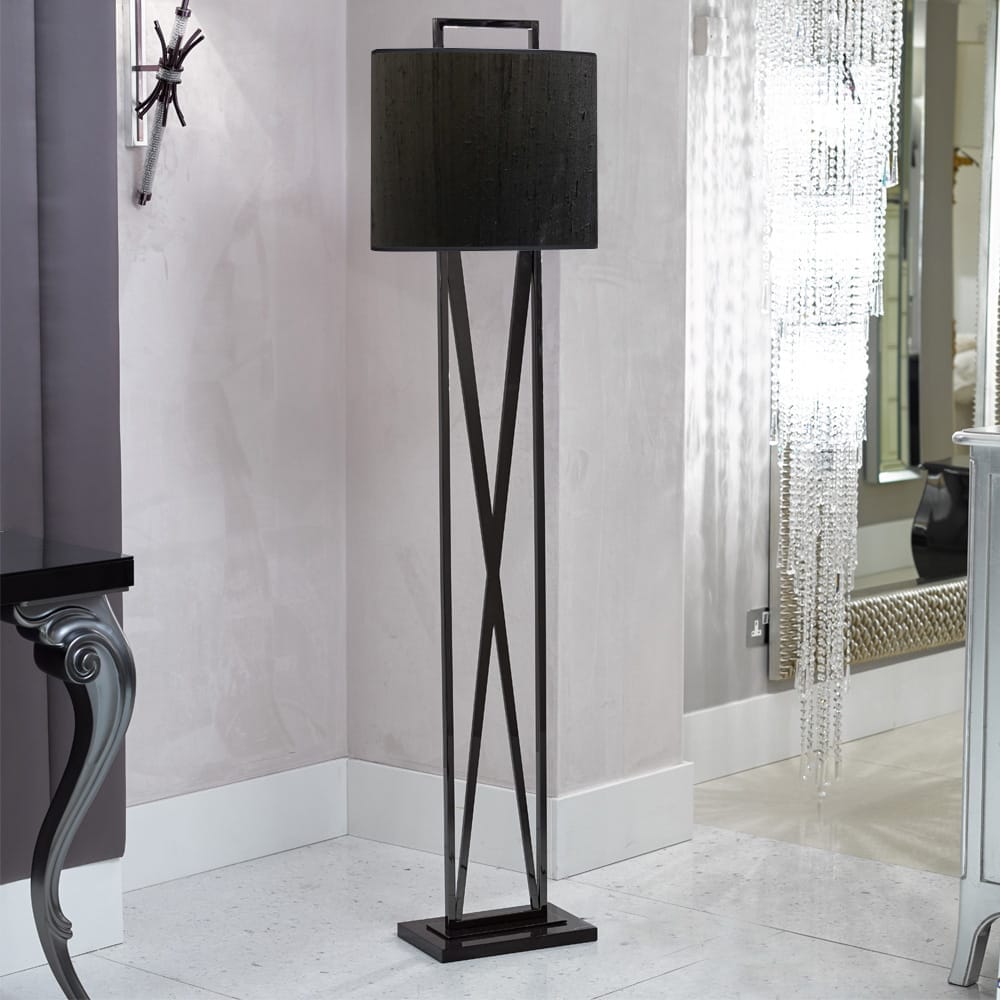 ex display, contemporary floor lamp, geometric cross x shape base, black shade