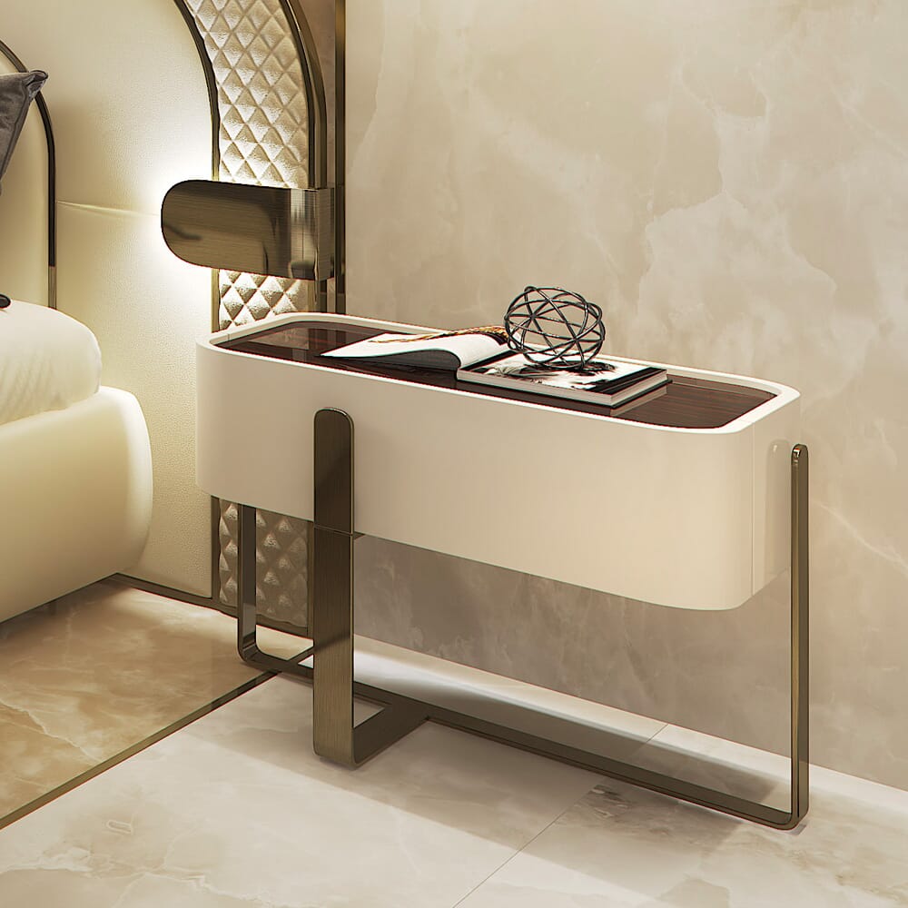 new arrivals, contemporary lacquered bedside table with brush bronze legs