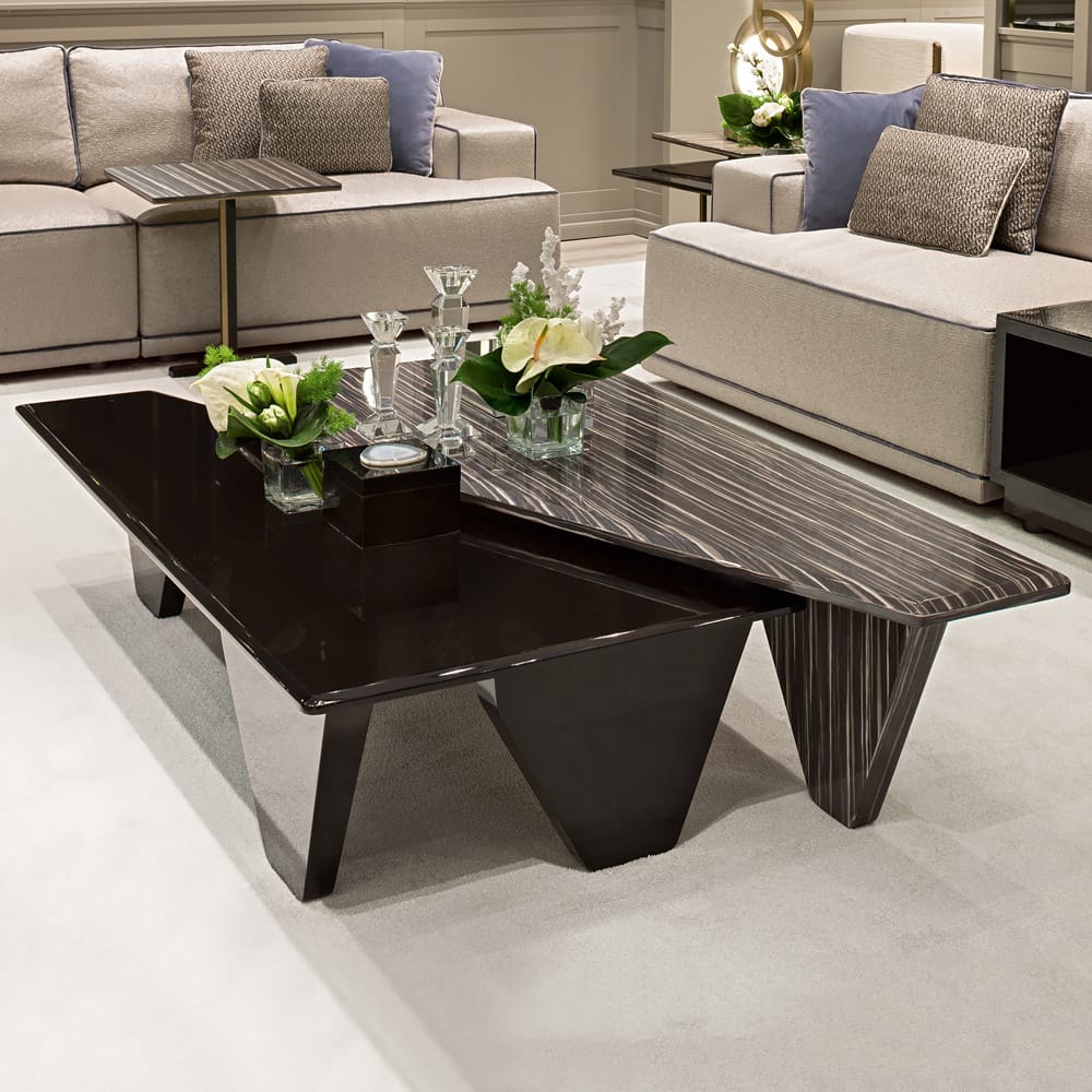 high gloss black lacquer and wood veneer finish coffee table