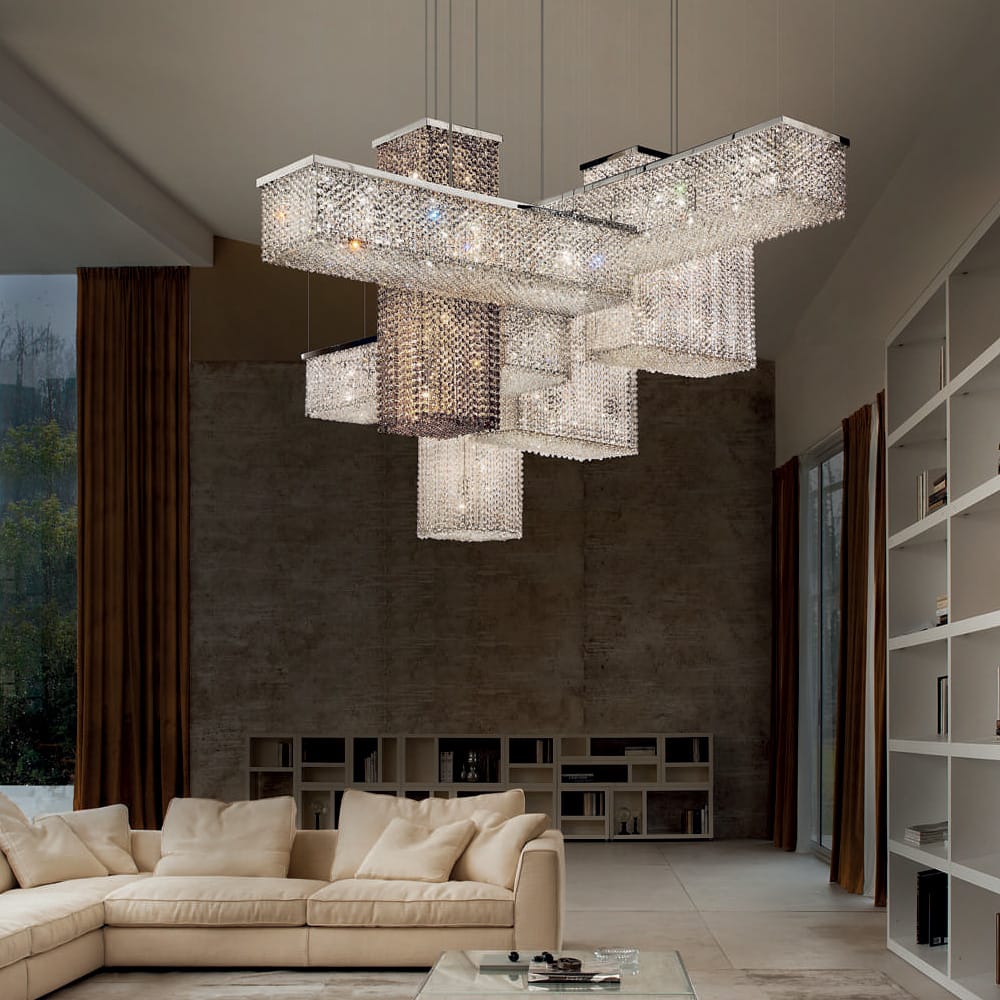 Very large modular chandelier, rectangular modules, with swarovski crystals, clear and mocha, autumn arrivals