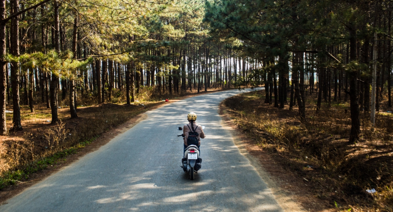 Vietnam, road through the forests of Dalat, rider on a motorbike