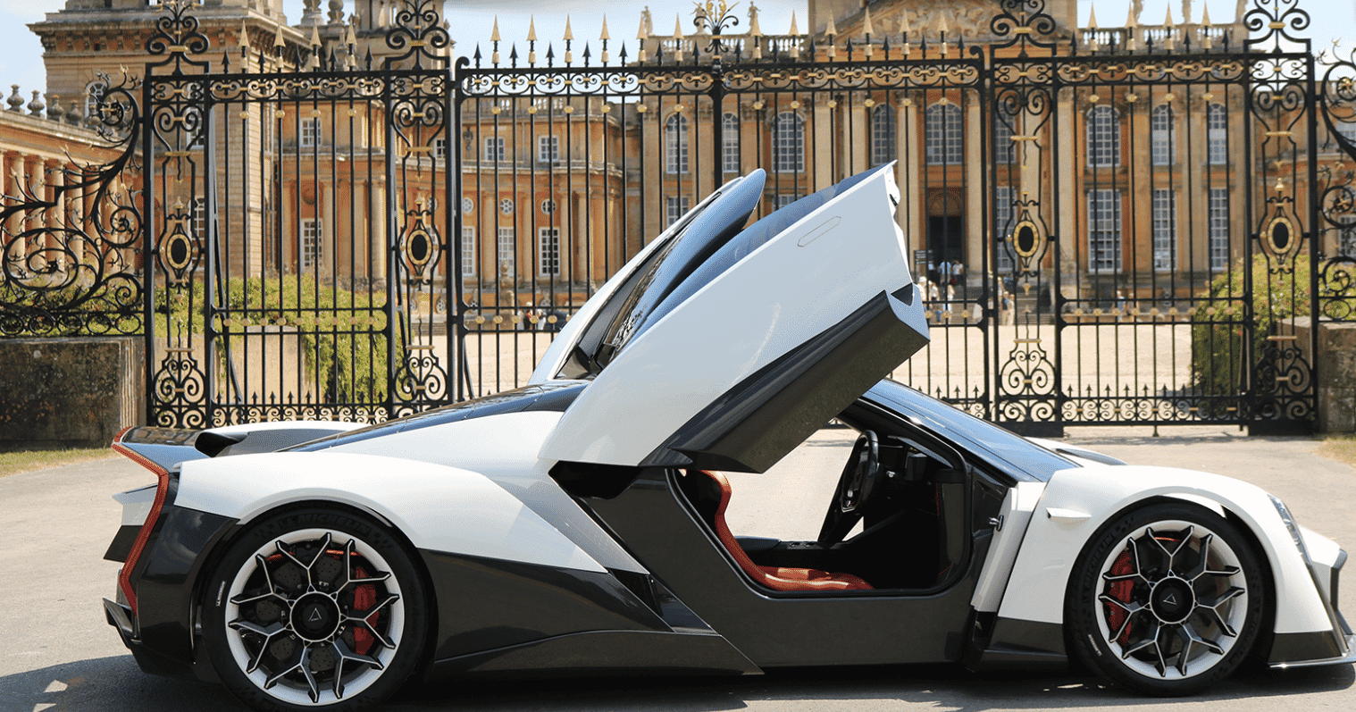 Dendrobium all electric hypercar at gates of Blenheim Palace, Salon Privé 2018