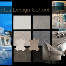 A collage titled "Juliettes Design School" showcases images of a modern glass building with a pool, various leather swatches, a teal lamp, a quilted chair, satin fabric, and steel decorative spheres on a textured surface.