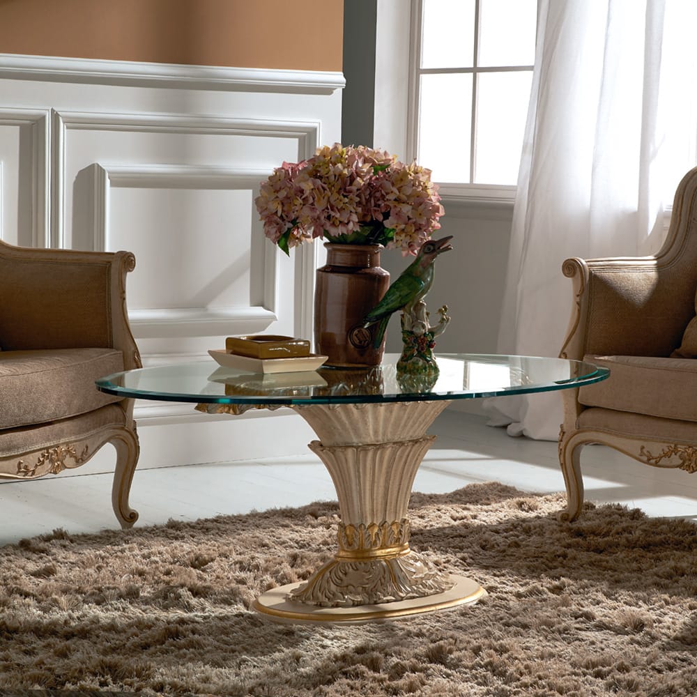 Forence Collection luxury furniture, Italian pedestal style coffee table, ornate carved base with glass top