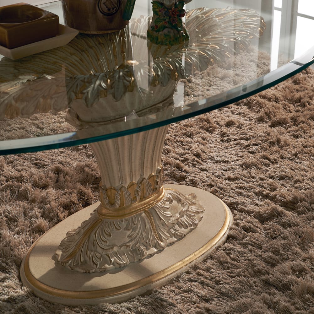 Florence Collection luxury furniture, Italian pedestal coffee table, glass top, looking down onto ornate carved base