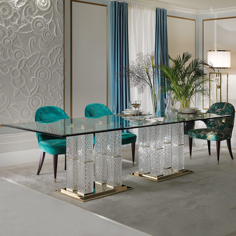 glass dining table cut glass pillar legs meet the designers