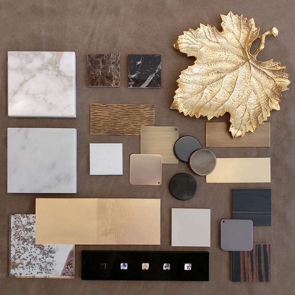 Interior Design Course, mood board, finishes, chocolate, bronze, marble and gold samples