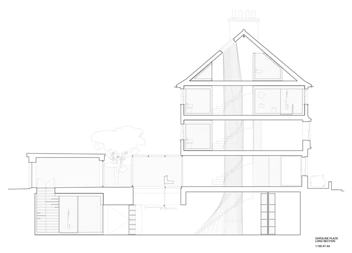 Flexible house plans, cross section showing 5 storeys and stairwell, RIBA Awards 2018