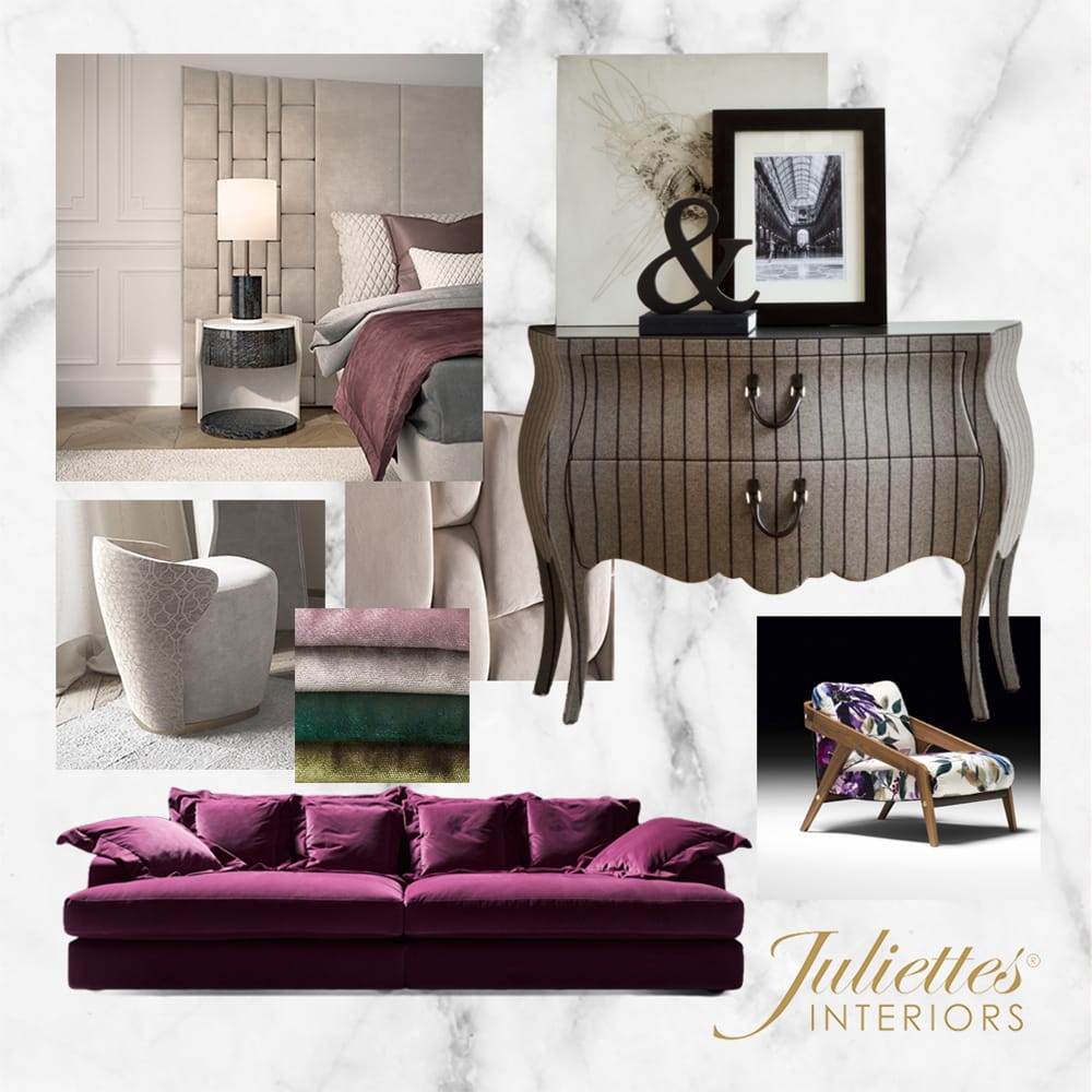 Interior Design Course, mood board with luxury furniture and fabrics