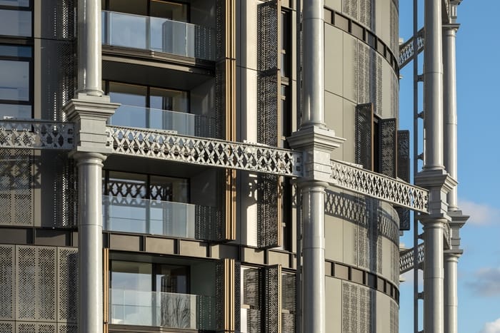 Gasholders exterior showing cast iron frames and folding, perforated screens, RIBA Awards 2018