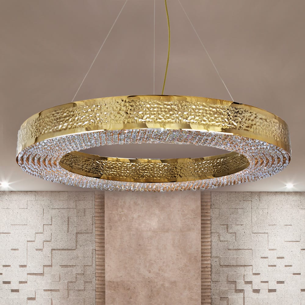 hammered gold plated crystal hoop chandelier