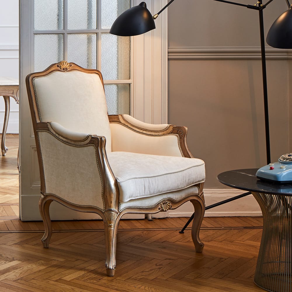 Florence Collection, carved armchair, ivory upholstery, curved with scrolls, ornate