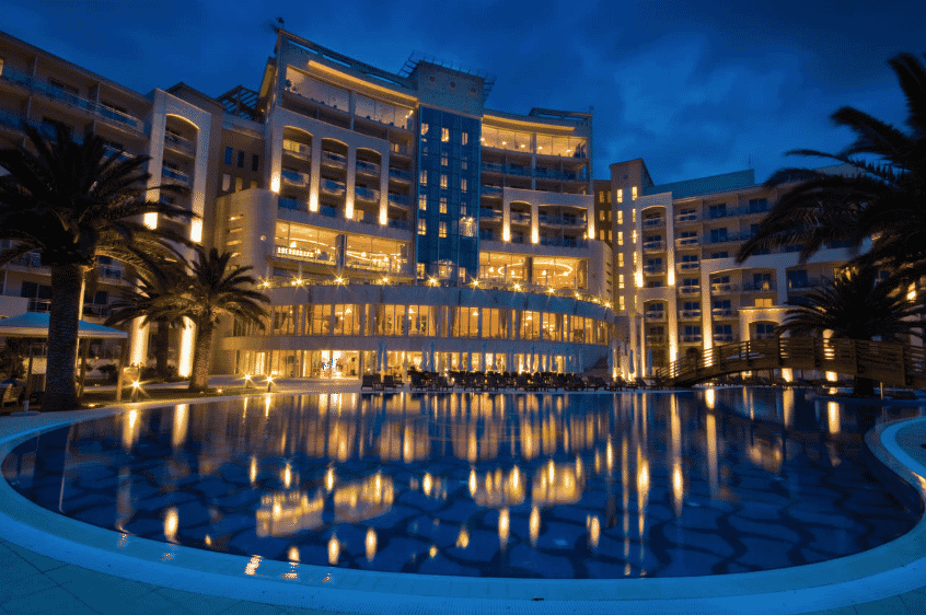 Hotel Splendid, Budva, Montenegro. View of hotel at night