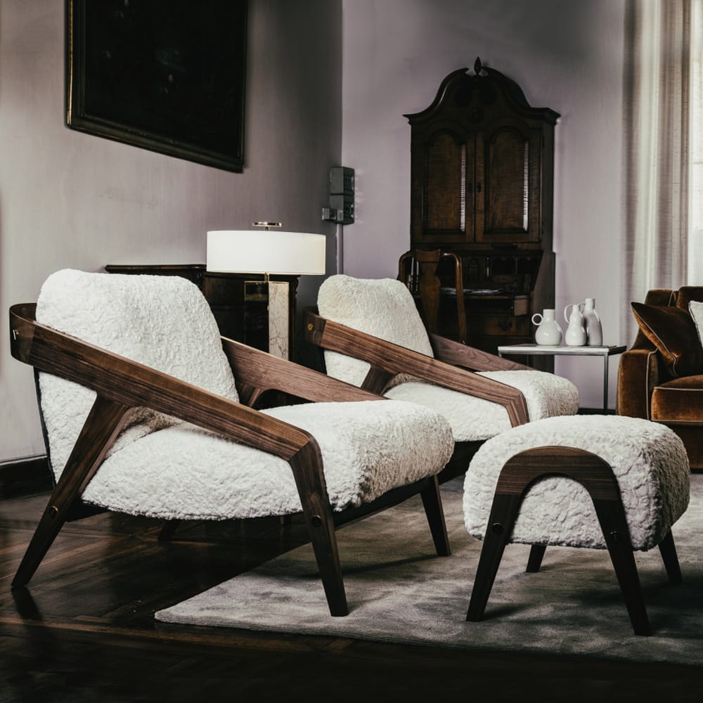 Impress the guests, Italian contemporary walnut armchair and footstool in furry textured fabric, cream