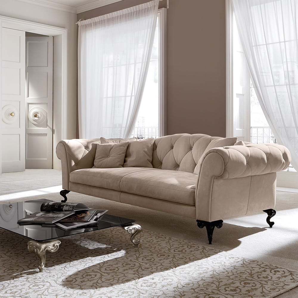 Statement furniture, classic style sofa in nubuck leather with button upholstered back