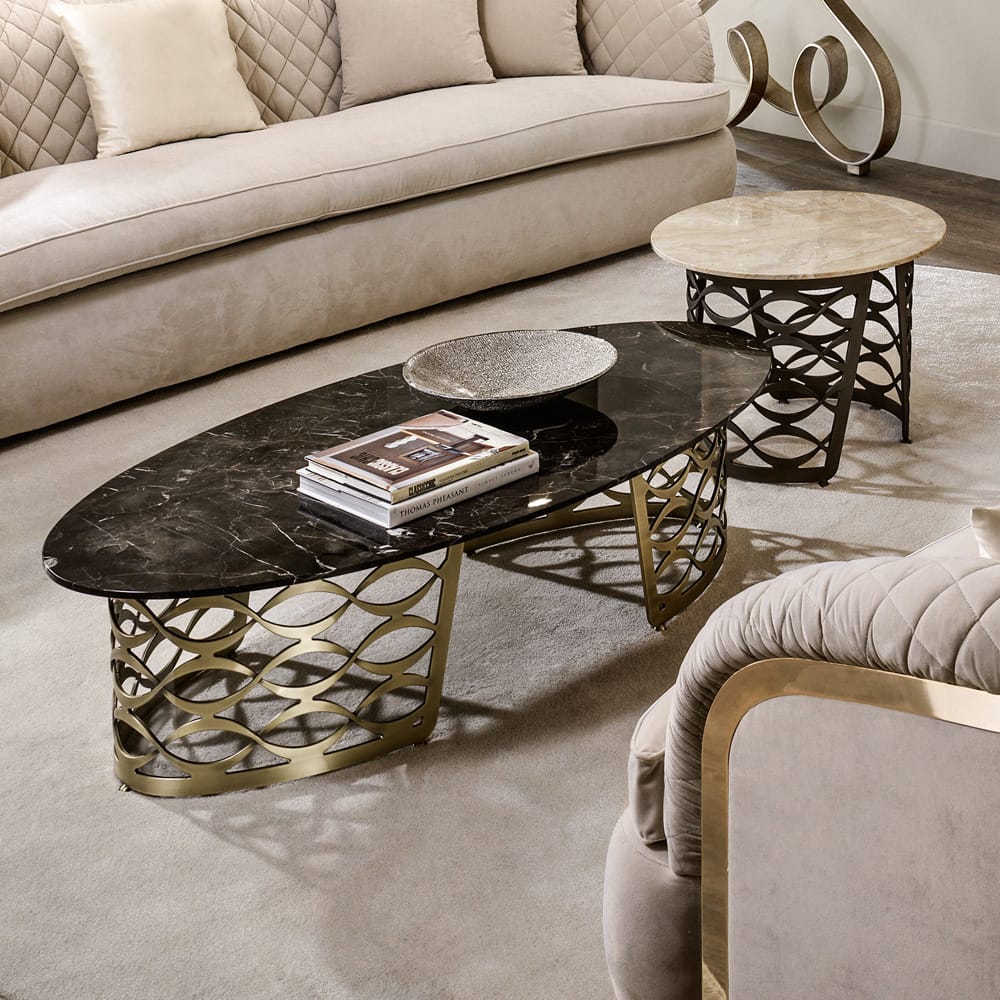 Chelsea Collection, oval marble coffee table with laser cut, gold plated base