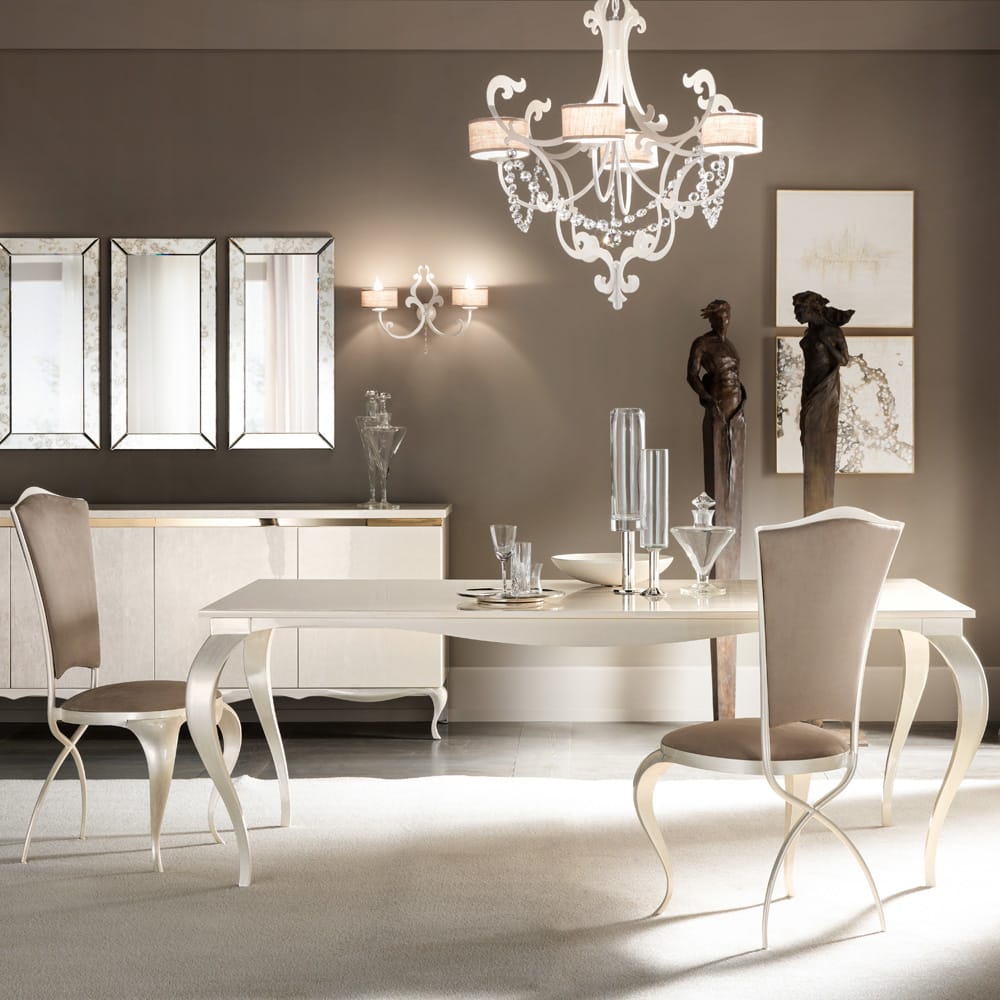 Chelsea Collection, dining set, mother of pearl finish table, chairs with curved, crossed legs