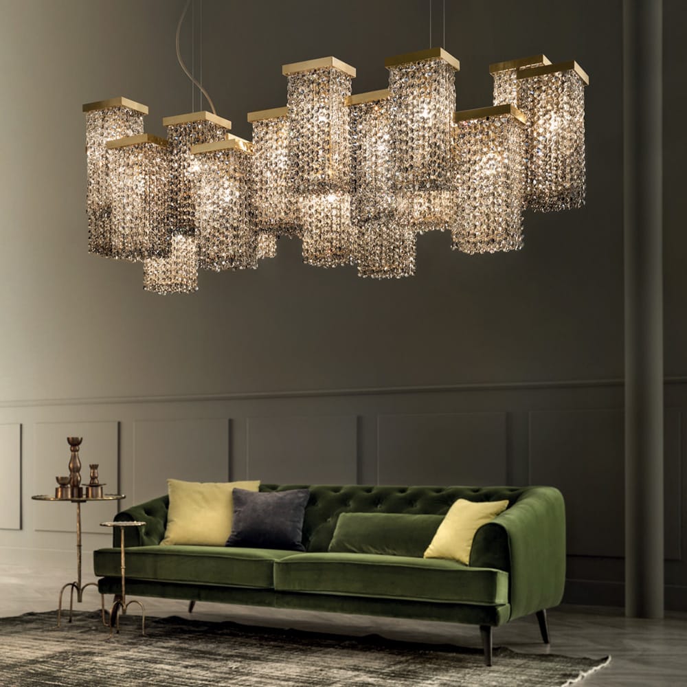 Impress the guests, extra large geometric chandelier with square modules and smoked crystal drops